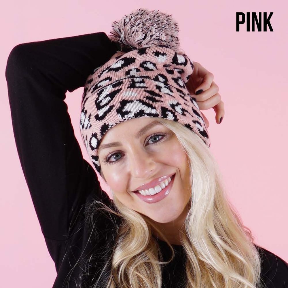 LEONA Pink Leopard Pom Pom Beanie - Picture 2 of 4